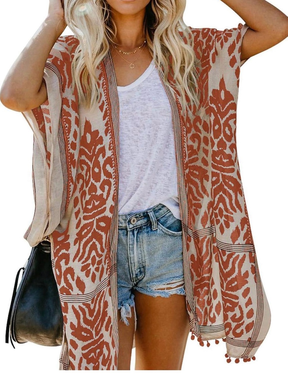 2/30$ NWOT Terracotta & Cream Patterned Boho Kimono-Beach Cover Up - Picture 2 of 8